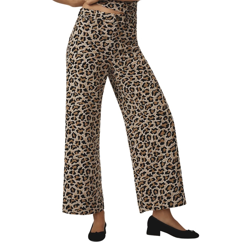 Anthropologie Maeve Pants 29 Ettie Leopard Print Wide Leg Cropped Textured Knit